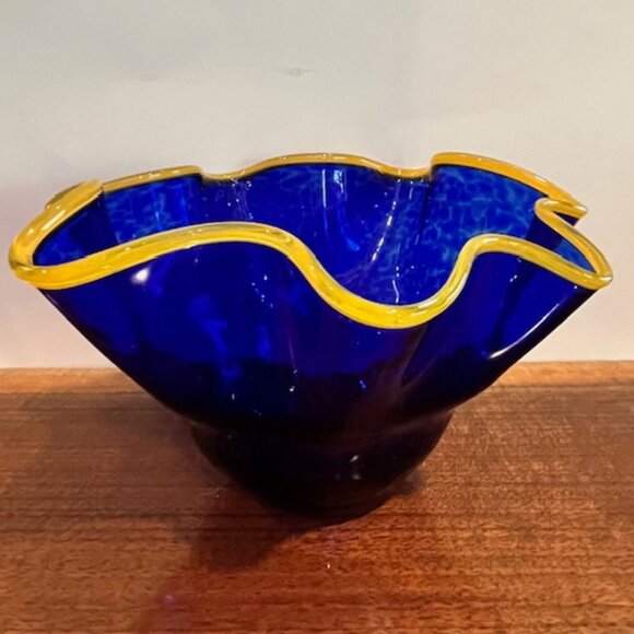 Glass Eye Studio Mottled Cobalt Blue with Gold Ruffle Rim Bowl Blown Glass - Picture 2 of 11